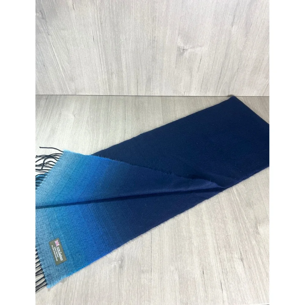 100% Cashmere Scarf Made in Scotland Blue Ombre Gradient Fringed Winter Wrap